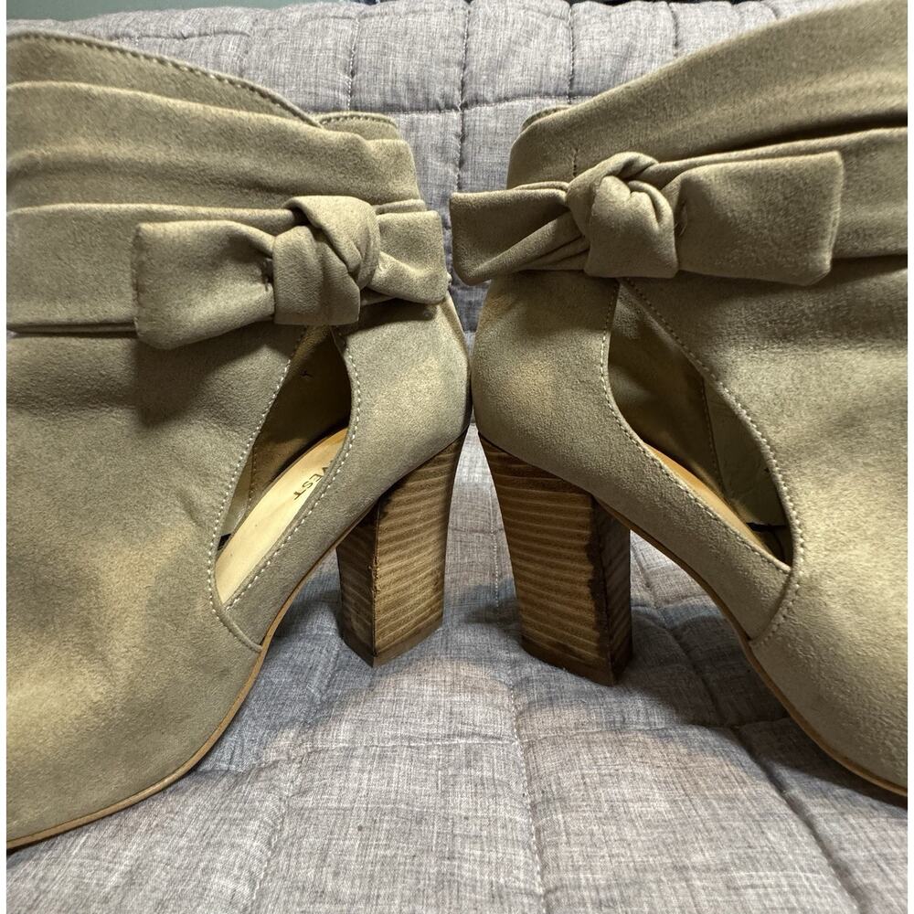 Nine West Zytao Open Toe, Side Zip, Block Chunky Heel Booties, Bow Detail, 7